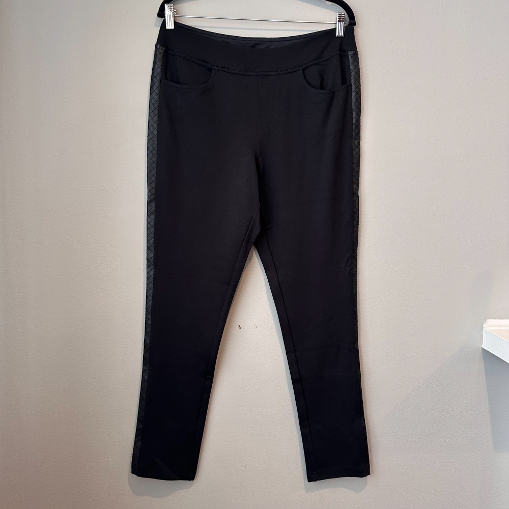 Belle Kim Gravel Ponte Knit Pants‎ Women 16 Black Faux Leather Pull On Skinny